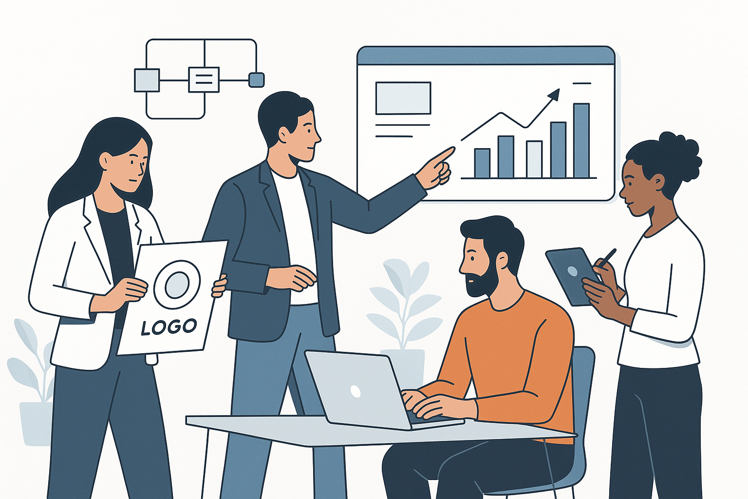 Business professionals collaborating on strategic branding with charts, logos, and digital screens, symbolizing ROI-driven brand growth by RedCrown Technologies